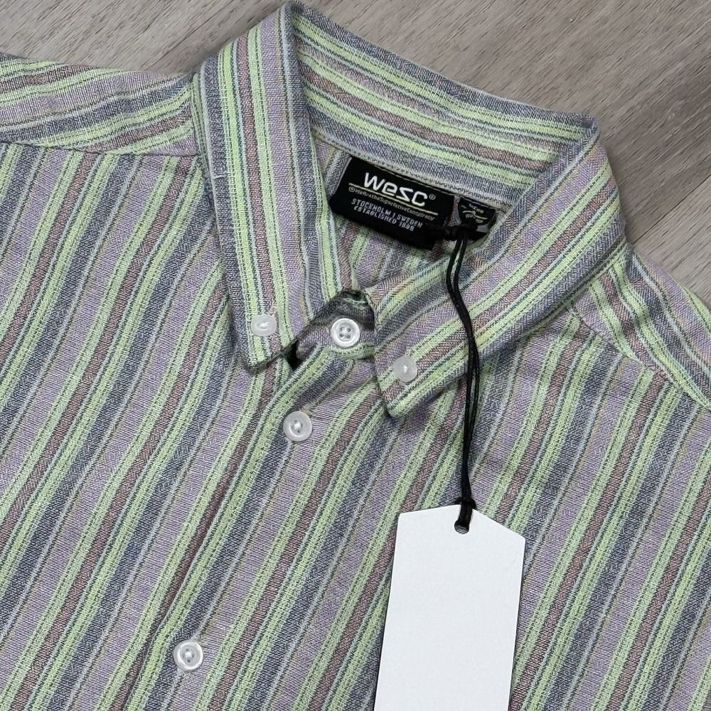 Men Small Women Med WESC Yarn-Dye Mini Vertical Stripe S/S Button Down 30% Linen